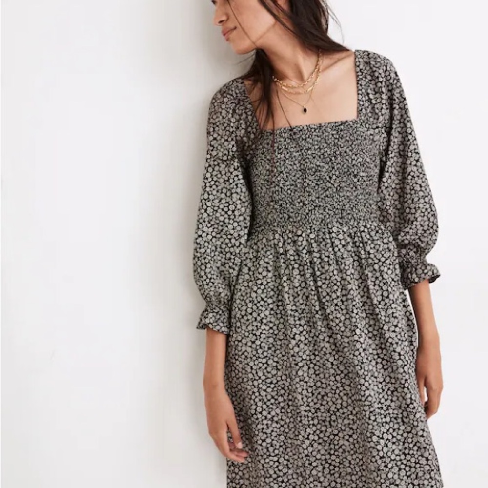 Madewell Lucie Elbow-Sleeve Smocked Mini Dress in Parisian Ditsy
